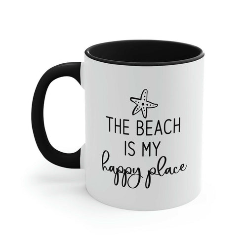 The Beach Is My Happy Place Ceramic Coffee Mug in Black, Coastal Mug, Beach House Gift, Nautical Gift Idea
