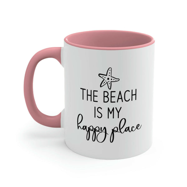 The Beach Is My Happy Place Ceramic Coffee Mug in Pink, Coastal Mug, Beach House Gift, Nautical Gift Idea