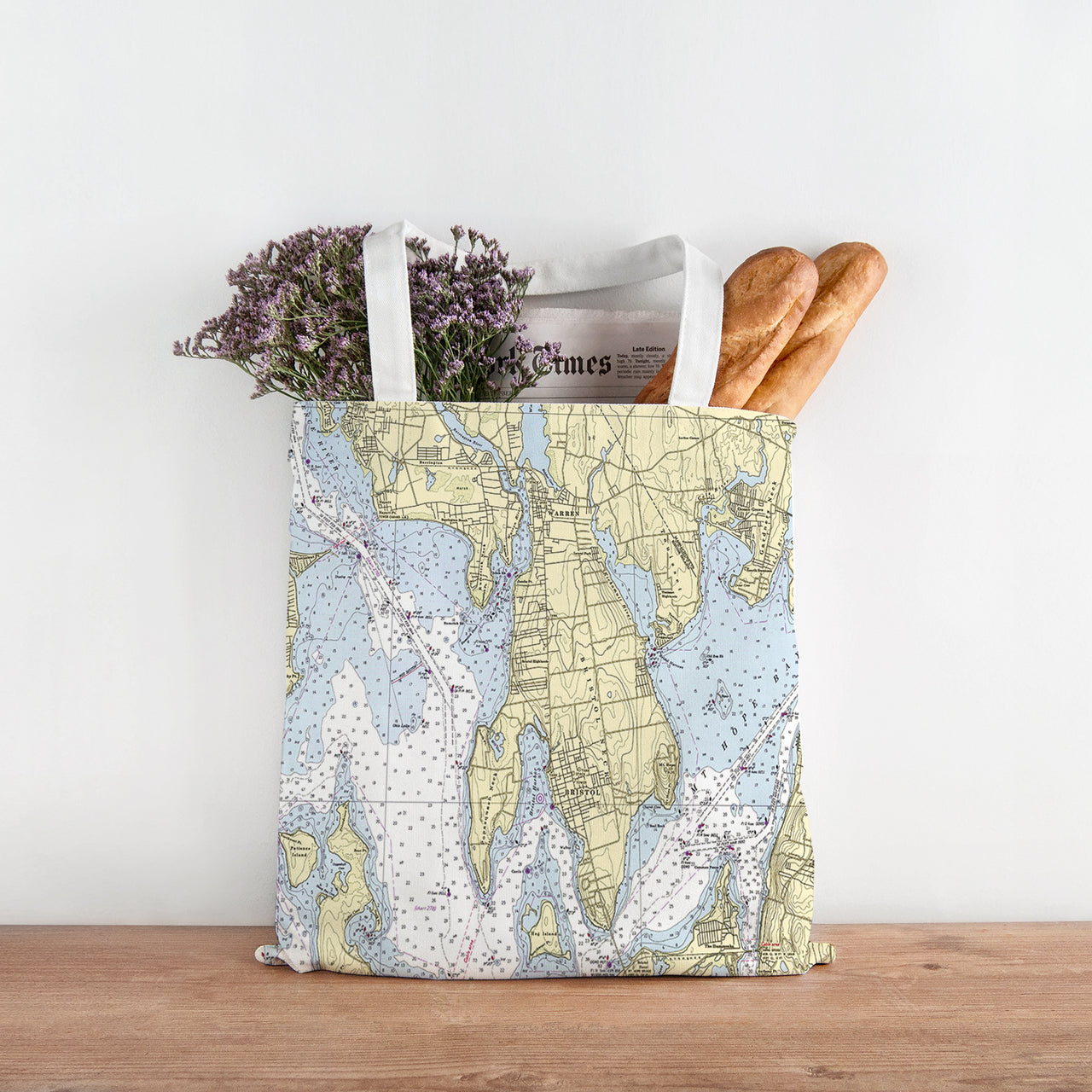 Nautical Chart Tote Bag, Locations in Rhode Island