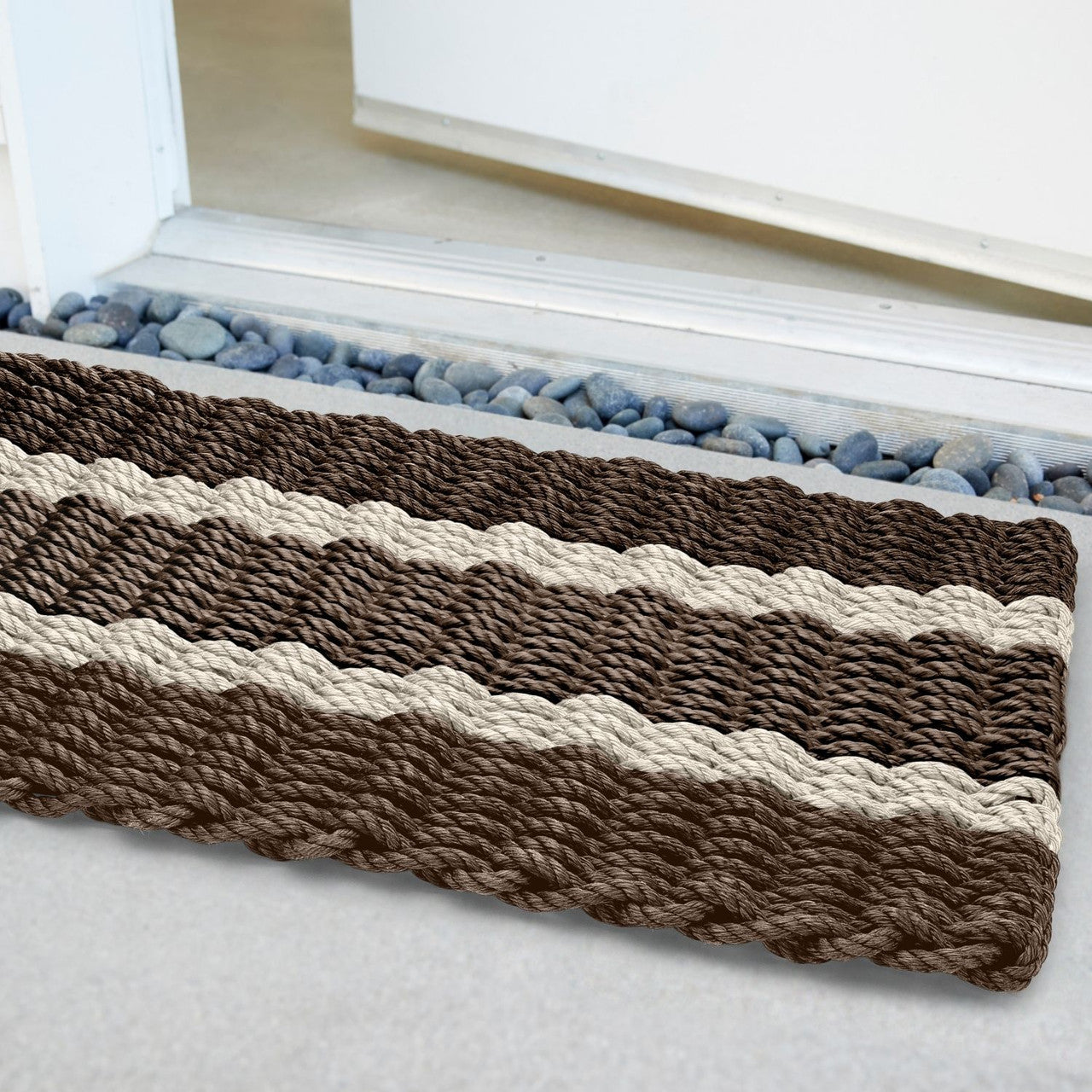 Wicked Good Nautical Rope Doormat, Brown with 2 Light Tan Stripes Door Mats Wicked Good Doormat   