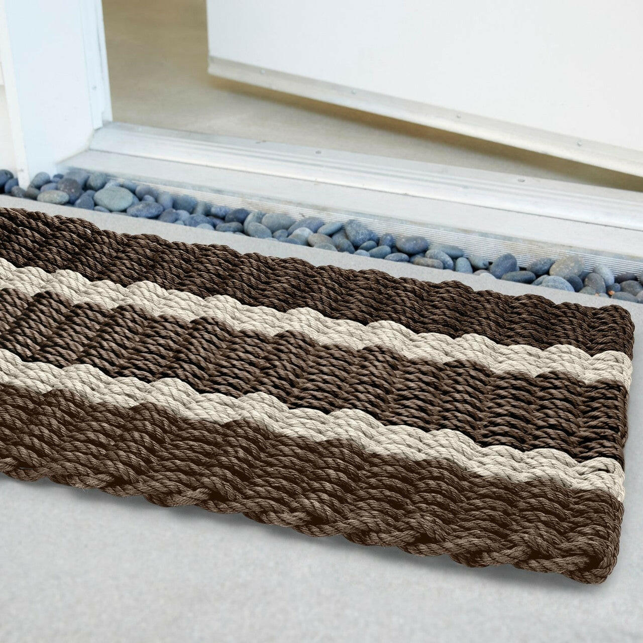 Lobster Rope Doormats, Outdoor Door Mats, Wicked Good Door Mats Made in Maine, Brown with 2 Light Tan Stripes, Angled View in Front Door