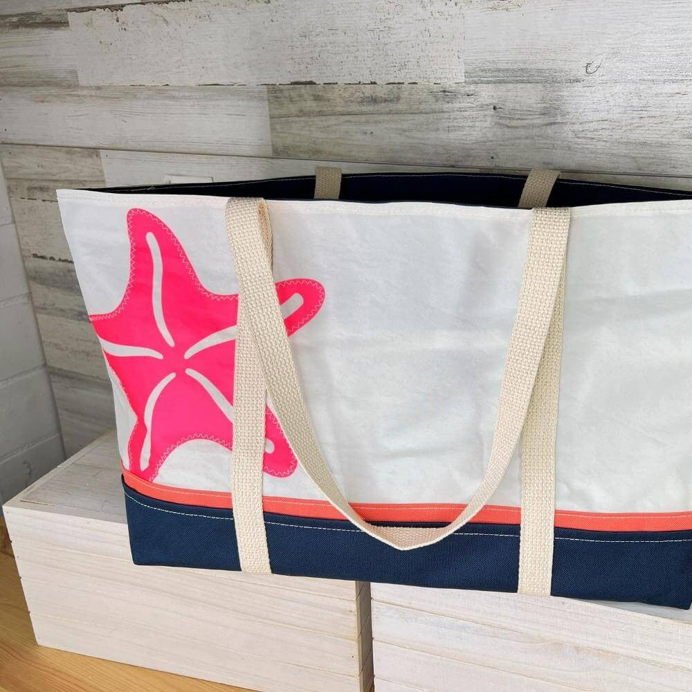 Recycled Sail Bag, Pink Starfish Tote Handbags New England Trading Co   