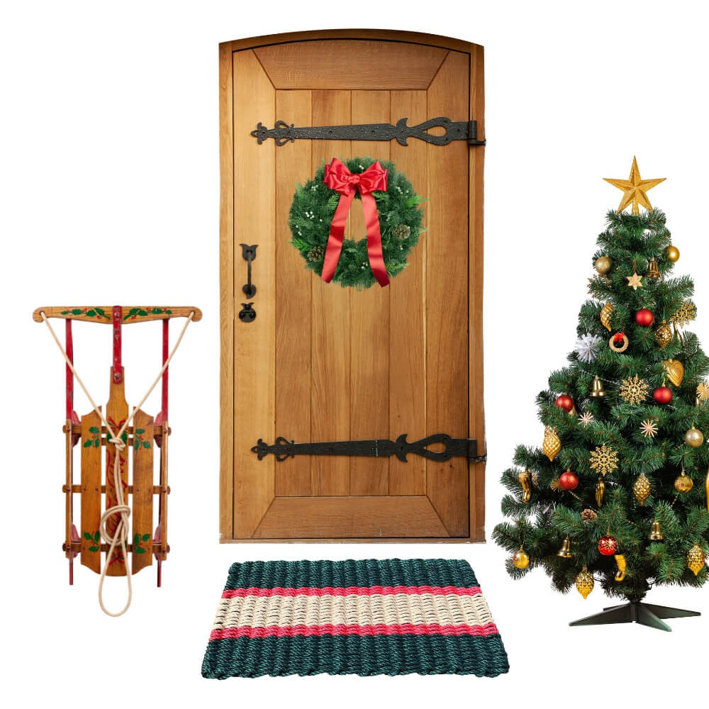 Lobster Rope Doormats, Outdoor Door Mats, Wicked Good Door Mats Made in Maine, Christmas Green & Red, Door Decor, Front Entrance View