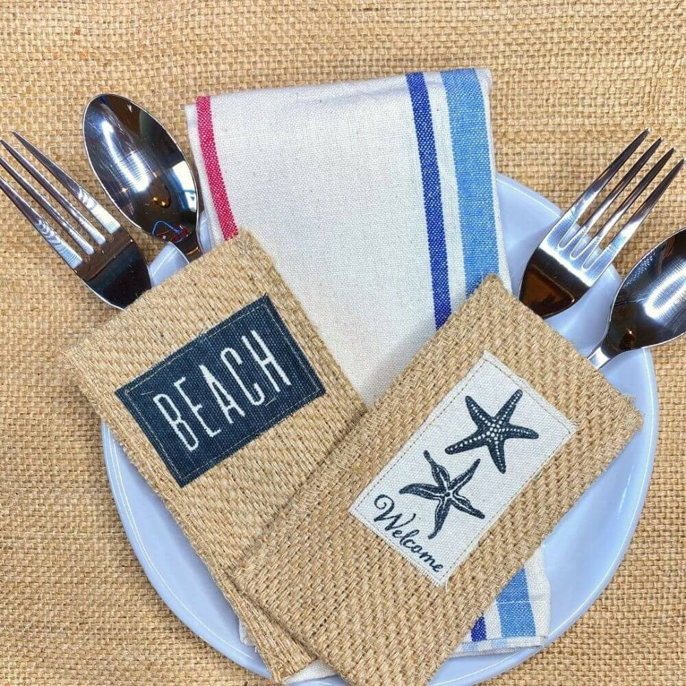 Woven Jute Silverware Pouches, 5 Coastal Designs, Set of 8 Tableware Cutlery Couture   