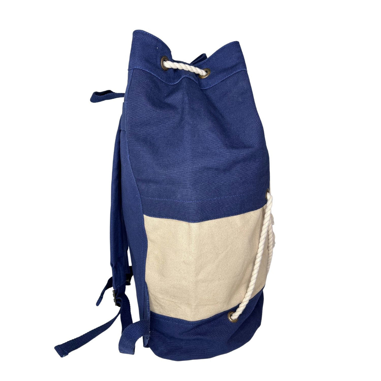 Canvas Drawstring Sailor Backpack with Rope Detail, Navy and White