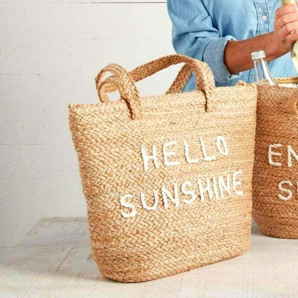 Hello Sunshine Jute Cooler Tote, Insulated Insulated Bags New England Trading Co   