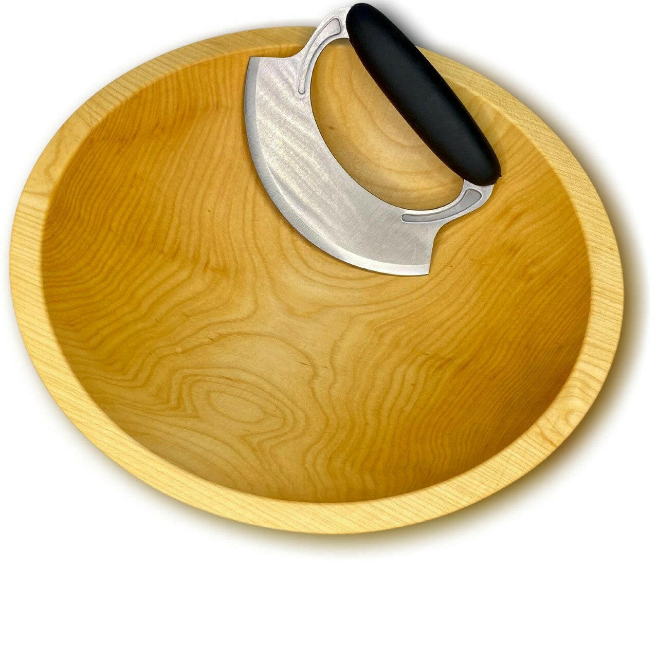 Wooden Salad Chopping Bowl & Mezzaluna, 12', New Upgraded Chef's Mezzaluna