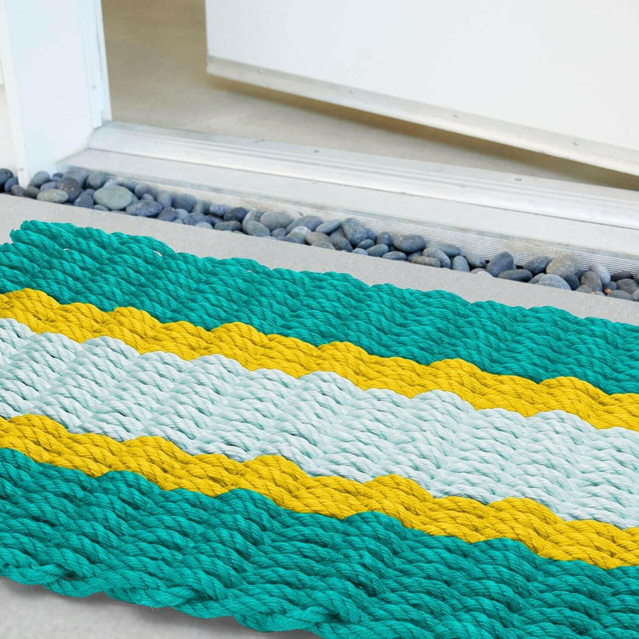 Lobster Rope Doormats, Outdoor Door Mats, Wicked Good Door Mats Made in Maine, Teal, Yellow, Seafoam, Close Up View in Front Door