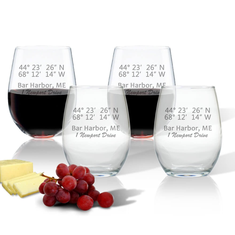 Latitude & Longitude Glasses, Stemless Wine, Set of 4 Drinkware Sets Nautical Living   