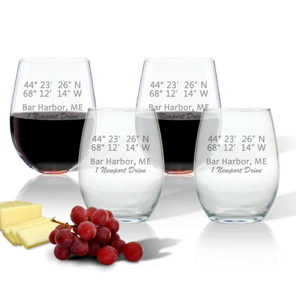 Latitude & Longitude Glasses, Stemless Wine, Set of 4 Drinkware Sets Nautical Living   