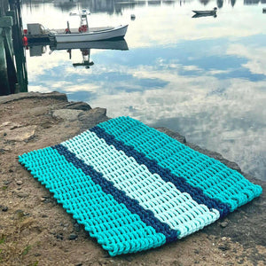 Lobster Rope Doormats, Outdoor Door Mats, Wicked Good Door Mats Made in Maine, Teal, Navy, Seafoam, In the Coast, Seaside, With Boats
