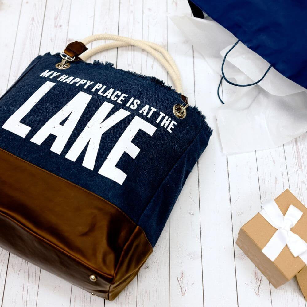 My Happy Place is at the Lake Canvas Tote Bag Shopping Totes New England Trading Co   