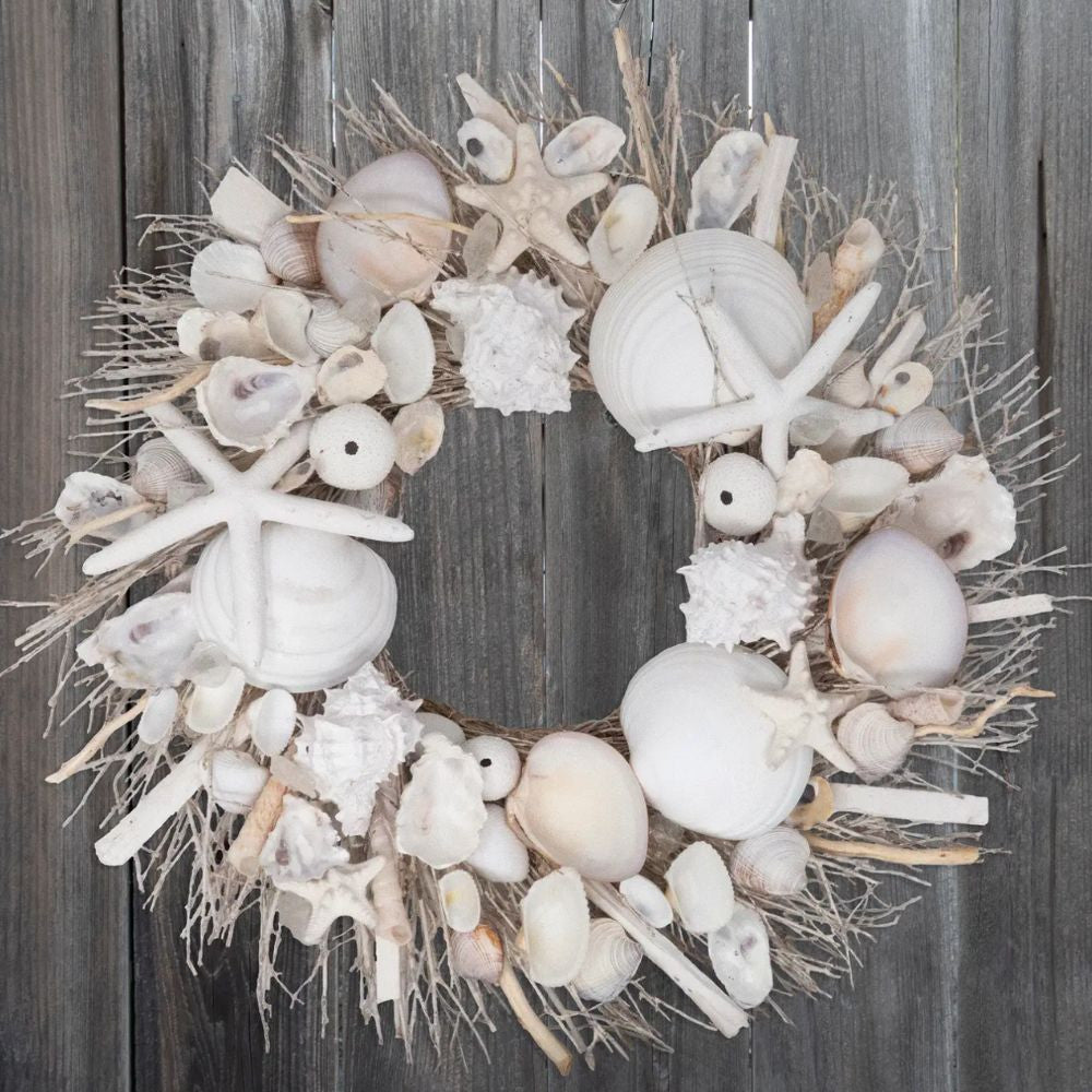 19" White Washed Shell & Urchin Door Wreath Wreaths & Garlands New England Trading Co   