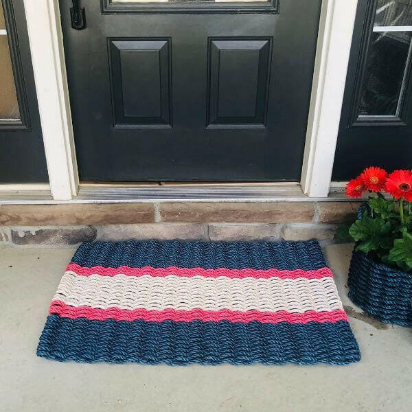 Lobster Rope Doormats, Outdoor Door Mats, Wicked Good Door Mats Made in Maine, Navy, Red, Light Tan, Full View