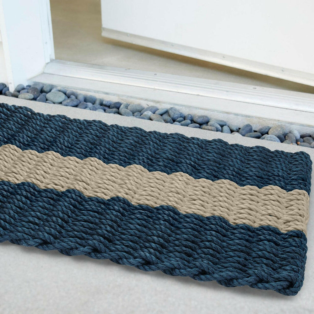 Lobster Rope Doormats, Outdoor Door Mats, Wicked Good Door Mats Made in Maine, Navy with Dark Tan Stripe