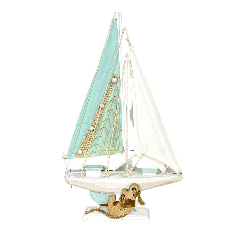 16" Wooden Sailboat Schooner, Teal Sails Decor New England Trading Co   