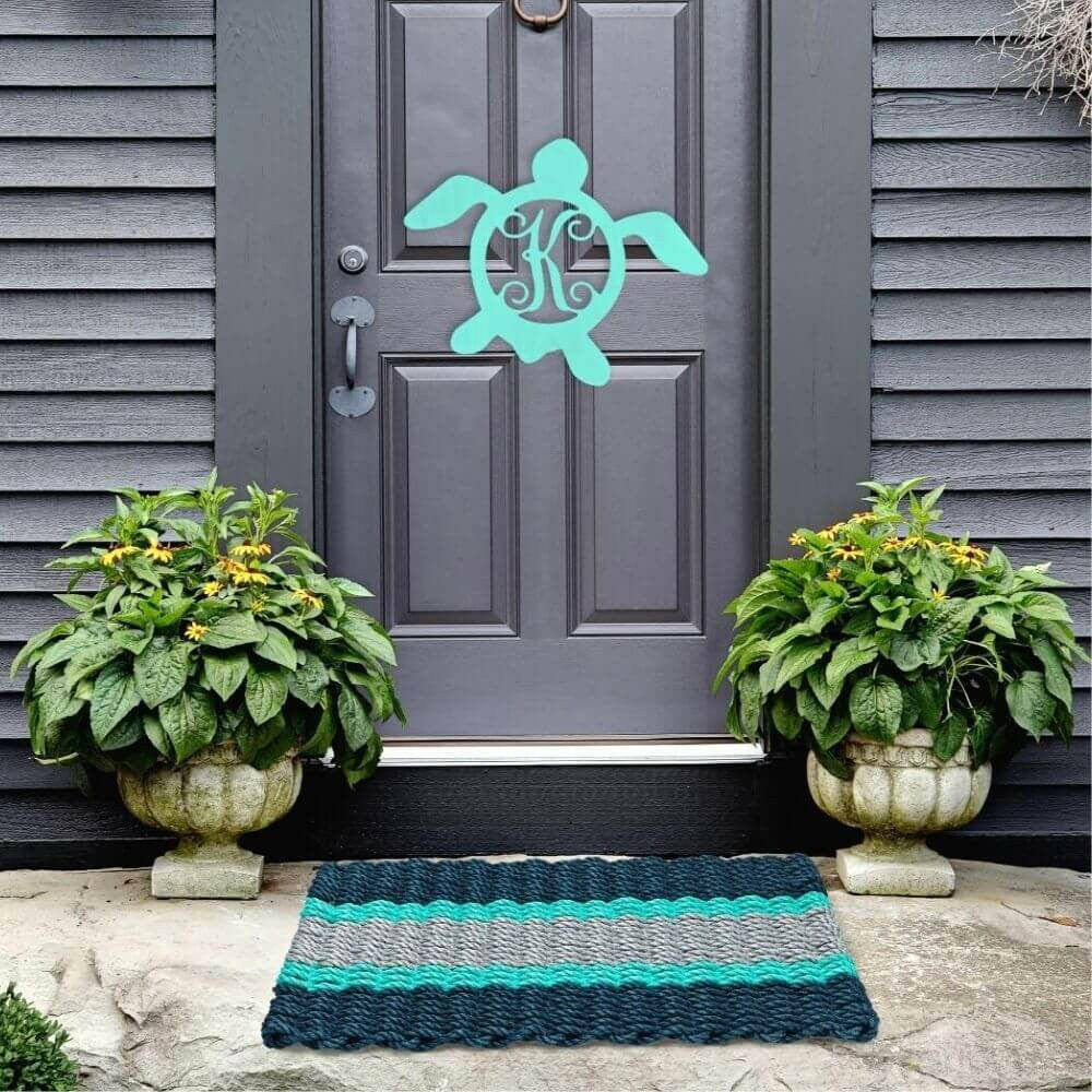Lobster Rope Doormats, Outdoor Door Mats, Wicked Good Door Mats Made in Maine, Navy Teal and Silver, with Monogrammed Door Sign