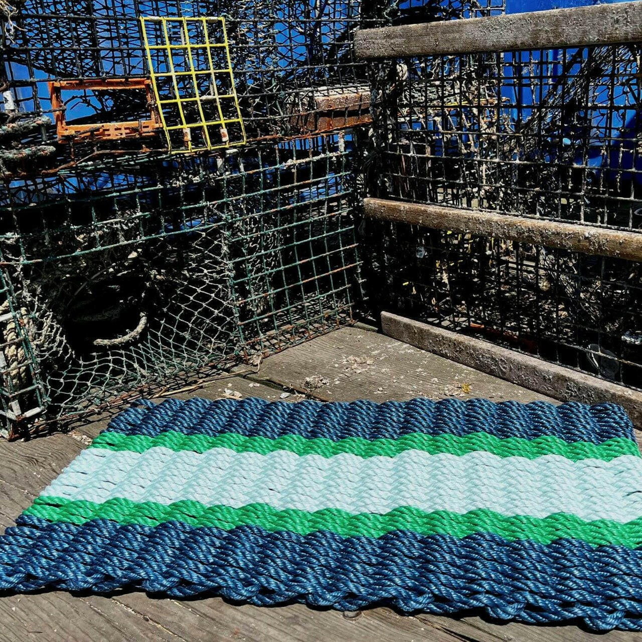 Lobster Rope Doormats, Outdoor Door Mats, Wicked Good Door Mats Made in Maine, Navy, Green, Seafoam, With Lobster Traps