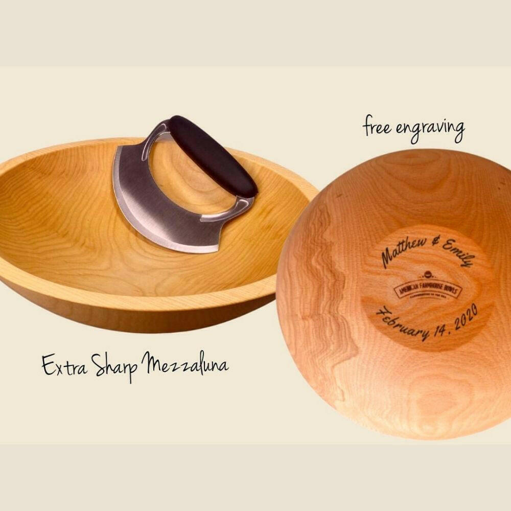 Wooden Salad Chopping Bowl & Mezzaluna, 12", New Upgraded Chef's Mezzaluna Bowls American Farmhouse Bowls   