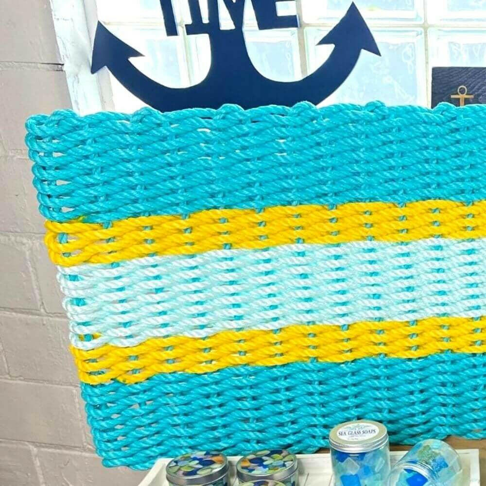 Lobster Rope Doormats, Outdoor Door Mats, Wicked Good Door Mats Made in Maine, Teal, Yellow, Seafoam, Art Piece, House Decor