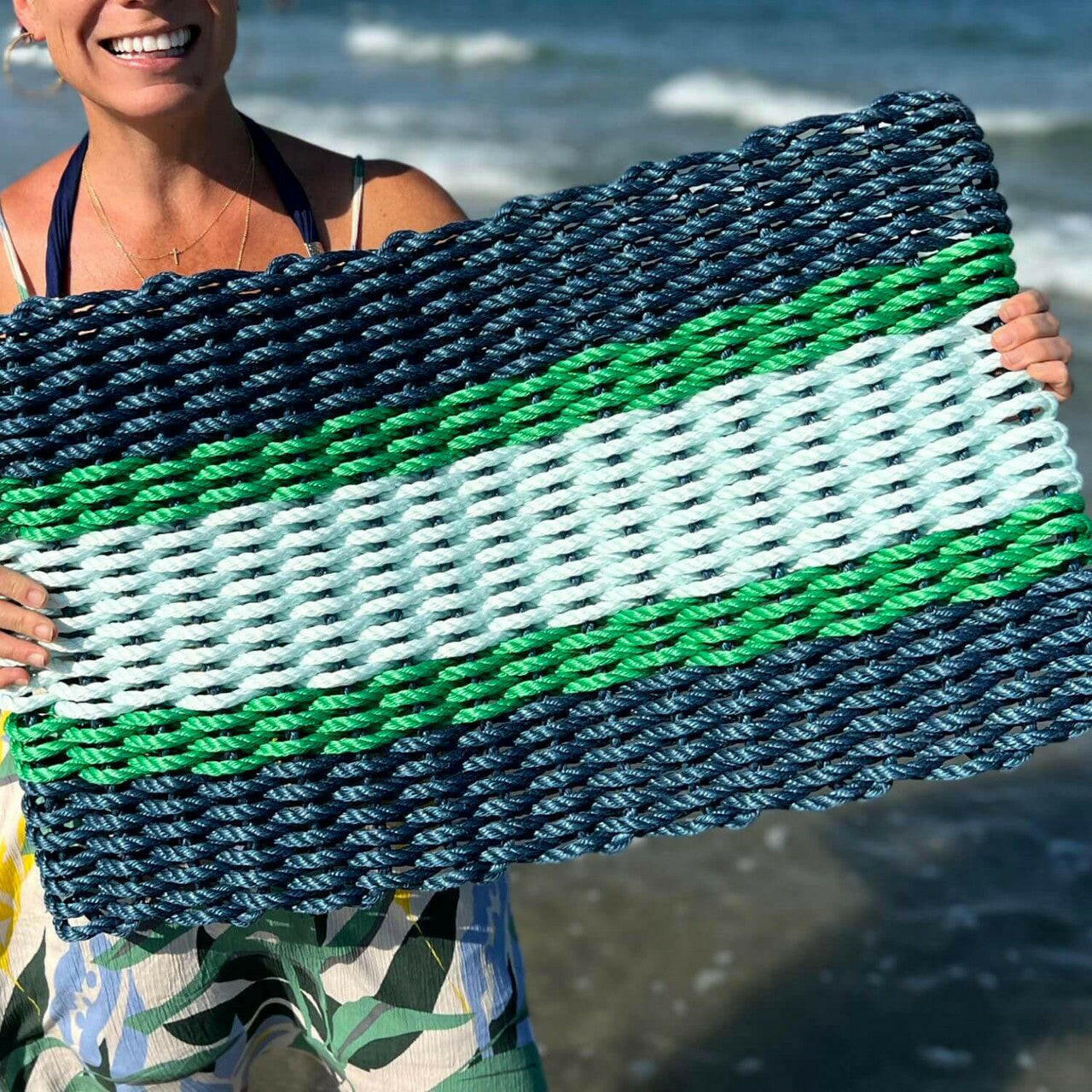 Lobster Rope Doormats, Outdoor Door Mats, Wicked Good Door Mats Made in Maine, Navy, Green, Seafoam, In the Sea View, Held by a Woman