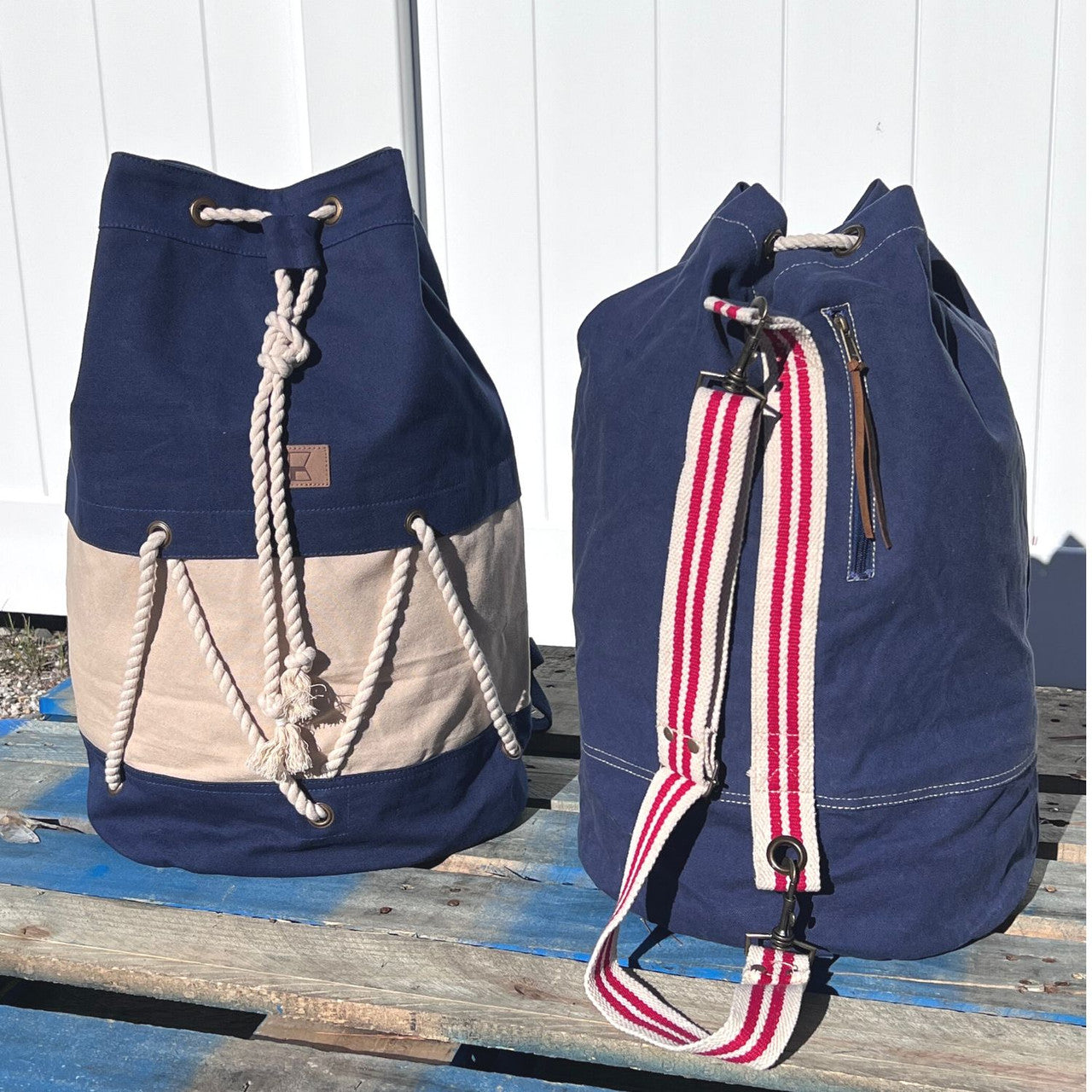 Canvas Drawstring Sailor Backpack with Rope Detail, Navy and White – New  England Trading Co