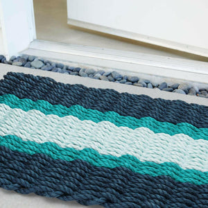 Lobster Rope Doormats, Outdoor Door Mats, Wicked Good Door Mats Made in Maine, Navy, Teal, Seafoam, Close Up View in Front Door