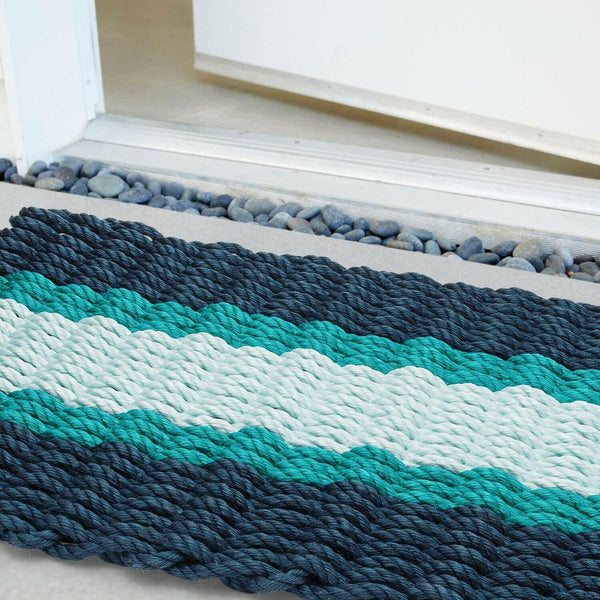 Lobster Rope Doormats, Outdoor Door Mats, Wicked Good Door Mats Made in Maine, Navy, Teal, Seafoam, Close Up View in Front Door