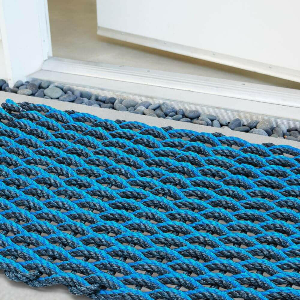 Lobster Rope Doormats, Outdoor Door Mats, Wicked Good Door Mats Made in Maine, Navy & Light Blue Double Weave, Close Up View in Front Door