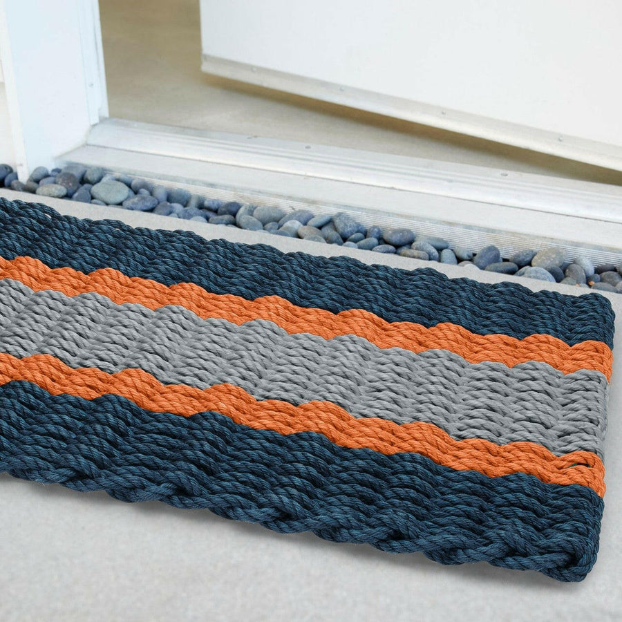 Lobster Rope Doormats, Outdoor Door Mats, Wicked Good Door Mats Made in Maine, Navy, Orange, Silver, Angled View in Front Door