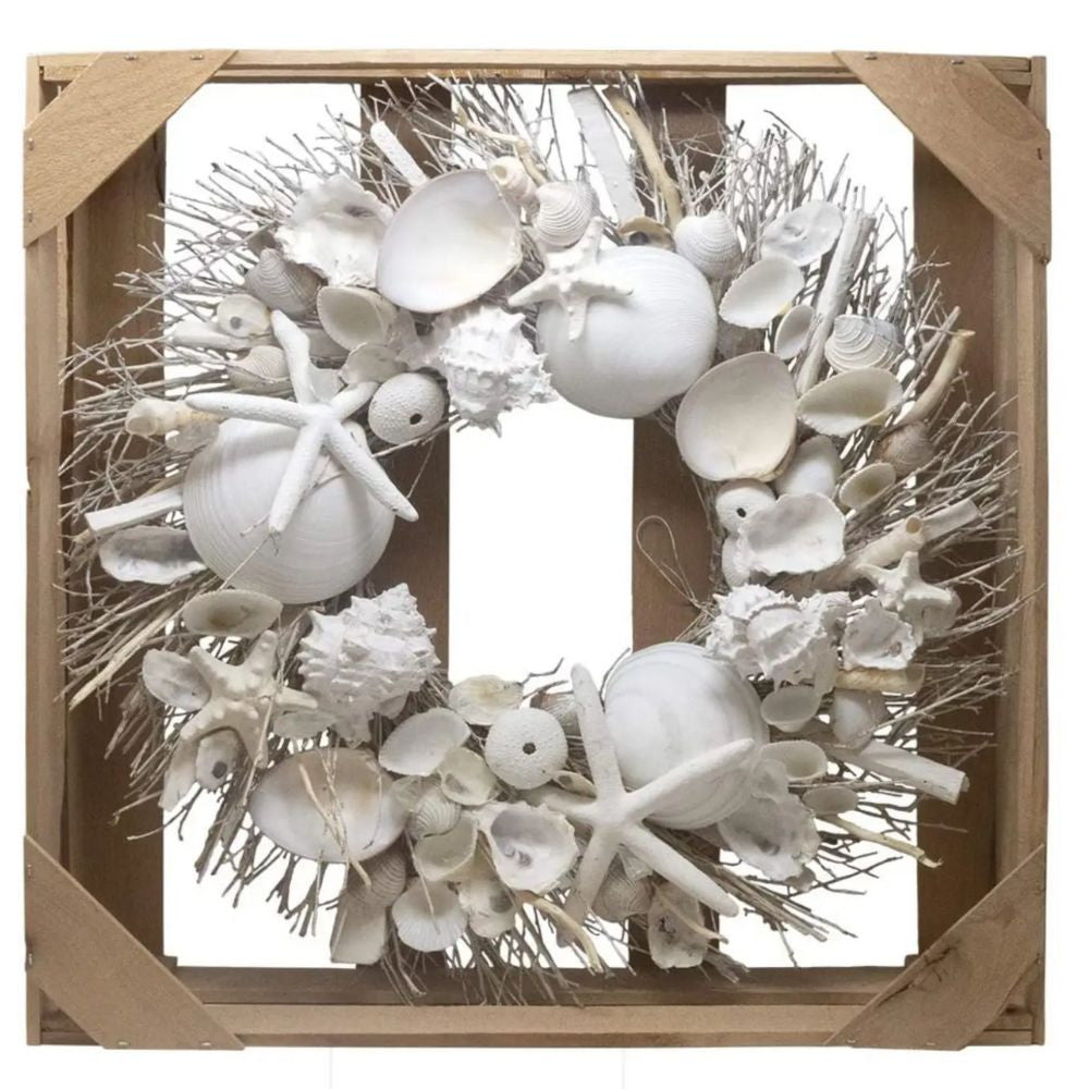 19" White Washed Shell & Urchin Door Wreath Wreaths & Garlands New England Trading Co   