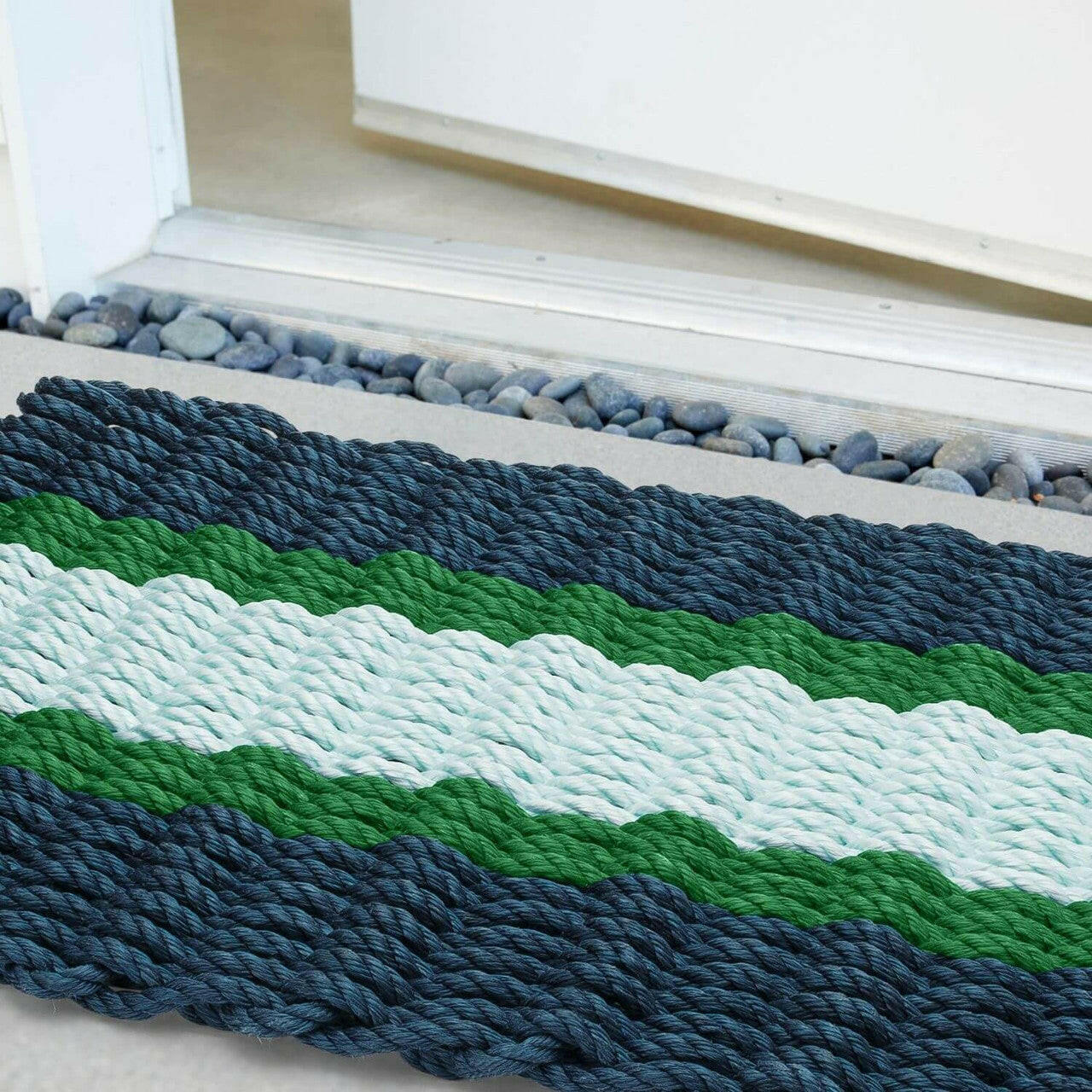 Lobster Rope Doormats, Outdoor Door Mats, Wicked Good Door Mats Made in Maine, Navy, Green, Seafoam, Close Up View in Front Door