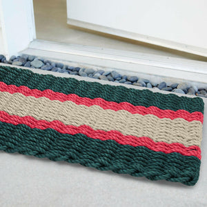 Lobster Rope Doormats, Outdoor Door Mats, Wicked Good Door Mats Made in Maine, Christmas Green & Red, Angled View in Front Door