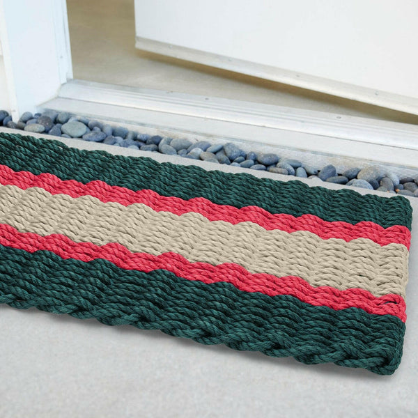 Lobster Rope Doormats, Outdoor Door Mats, Wicked Good Door Mats Made in Maine, Christmas Green & Red, Angled View in Front Door