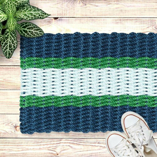 Lobster Rope Doormats, Outdoor Door Mats, Wicked Good Door Mats Made in Maine, Navy, Green, Seafoam, With Shoes and Plants