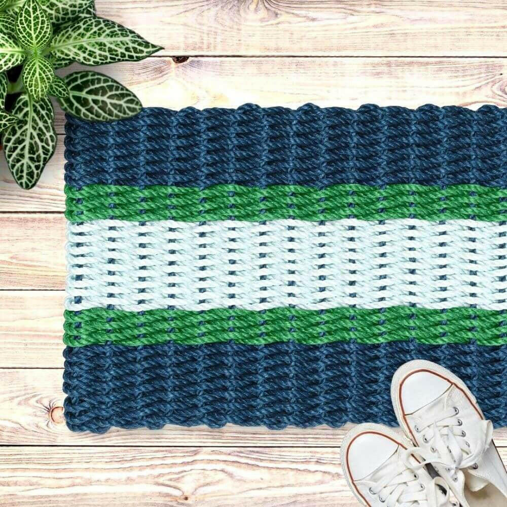 Lobster Rope Doormats, Outdoor Door Mats, Wicked Good Door Mats Made in Maine, Navy, Green, Seafoam, With Shoes and Plants