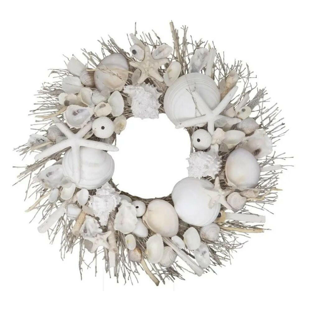 19" White Washed Shell & Urchin Door Wreath Wreaths & Garlands New England Trading Co   