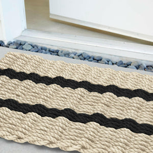 Lobster Rope Doormats, Outdoor Door Mats, Wicked Good Door Mats Made in Maine, Dark Tan with 2 Black Stripes, Close Up View in Front Door