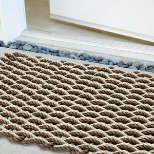 Lobster Rope Doormats, Outdoor Door Mats, Wicked Good Door Mats Made in Maine, Mocha & Light Tan Double Weave, Close Up View in Front Door