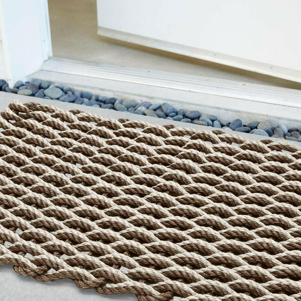 Lobster Rope Doormats, Outdoor Door Mats, Wicked Good Door Mats Made in Maine, Mocha & Light Tan Double Weave, Close Up View in Front Door