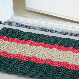 Lobster Rope Doormats, Outdoor Door Mats, Wicked Good Door Mats Made in Maine, Christmas Green & Red, Close Up View in Front Door
