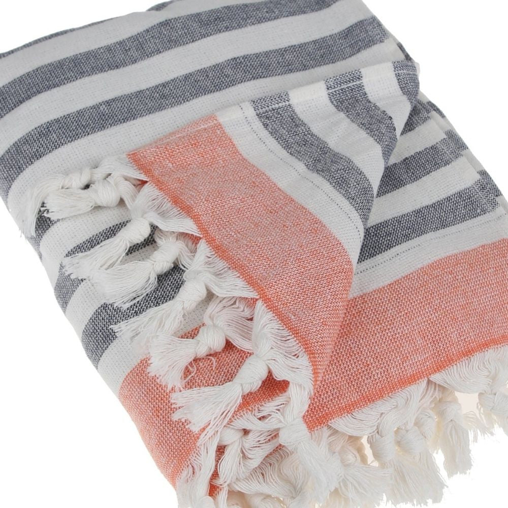 Peshtemal Pure Turkish 100% Cotton Beach Towels Beach Towels New England Trading Co Gray Stripe/Orange  
