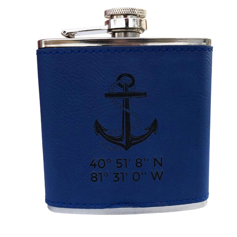 Nautical Flask, Custom Latitude & Longitude Coordinates Flasks New England Trading Co Navy Blue  