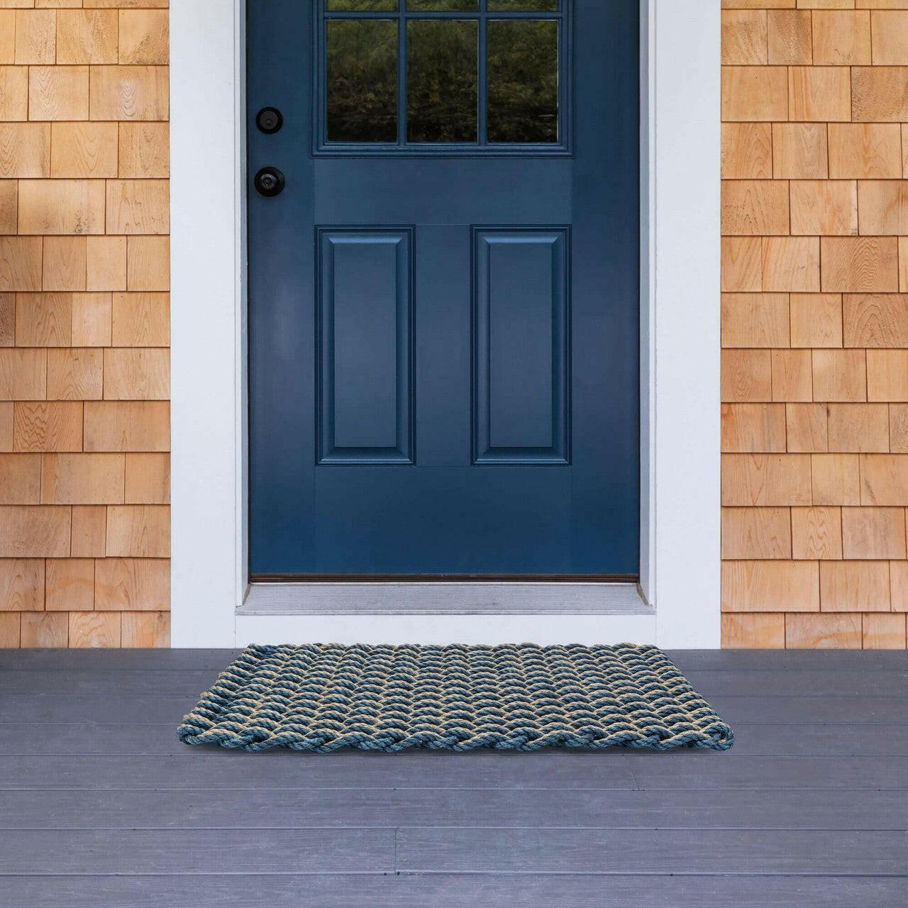 Navy & Dark Tan Rope Mat | Nautical Outdoor Rug | New England
