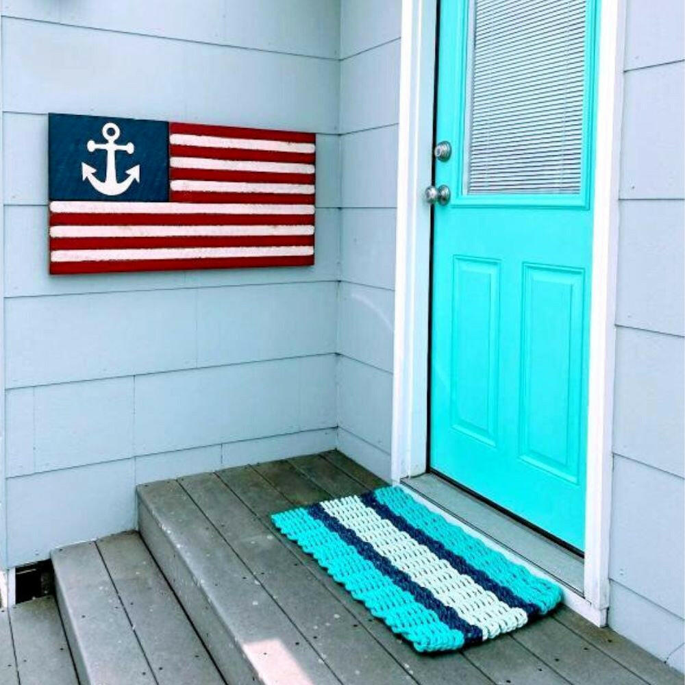 Lobster Rope Doormats, Outdoor Door Mats, Wicked Good Door Mats Made in Maine, Teal, Navy, Seafoam, Side view of the House Entrance
