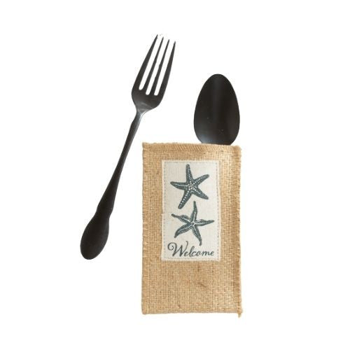 Woven Jute Silverware Pouches, 5 Coastal Designs, Set of 8 Tableware Cutlery Couture Starfish Welcome  