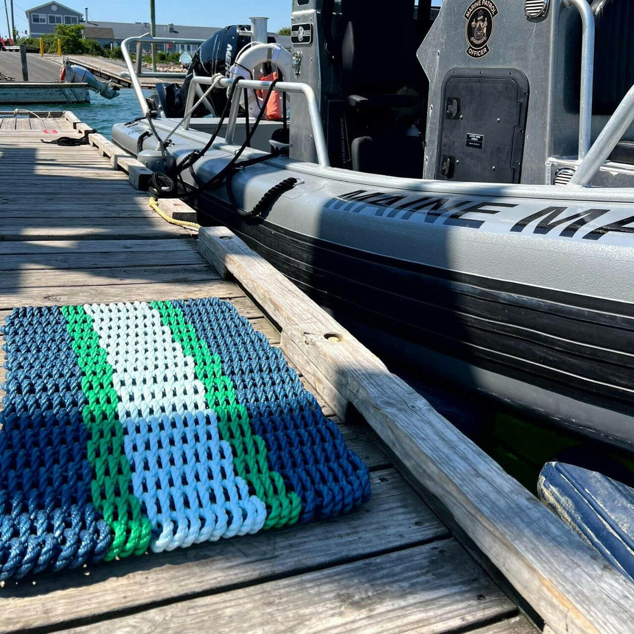 Lobster Rope Doormats, Outdoor Door Mats, Wicked Good Door Mats Made in Maine, Navy, Green, Seafoam, On Dock Seaside