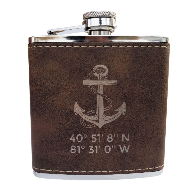 Nautical Flask, Custom Latitude & Longitude Coordinates Flasks New England Trading Co Rustic Brown  