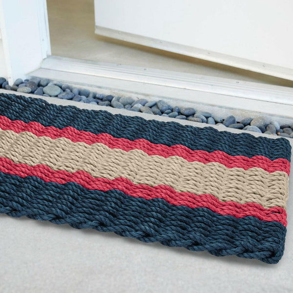 Lobster Rope Doormats, Outdoor Door Mats, Wicked Good Door Mats Made in Maine, Navy, Red, Light Tan, Angled View in Front Door