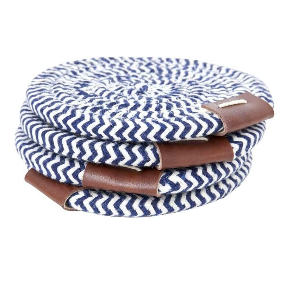 Nautical Rope Coasters with Leather Detail, Set of 4 Coasters New England Trading Co   